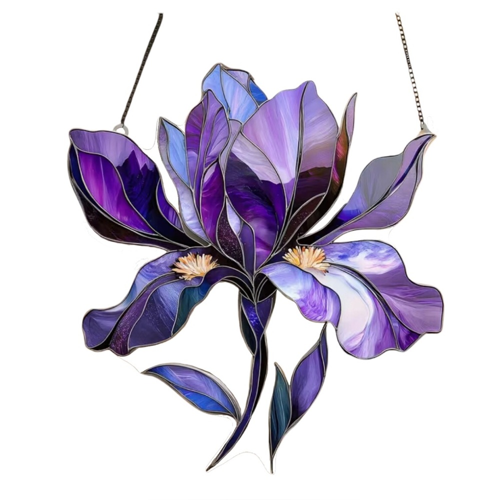 Faux Stained Glass Purple Iris 2D Flat Acrylic Hanging Suncatcher